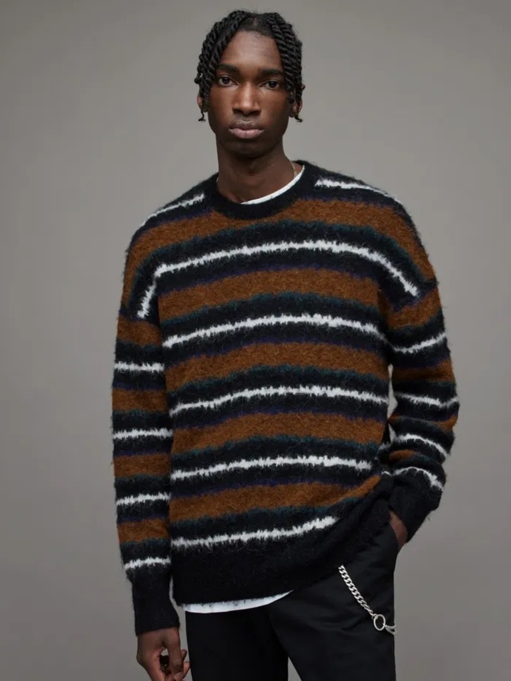 All Saints Oskar Stripe Oversized Fit Crewneck Sweater Alpaca Large Cozy Knit